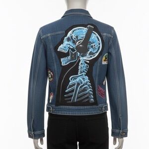 Upcycled Reworked Denim Jacket XL Hand Sewn Patches Skeleton Back Patch Goth